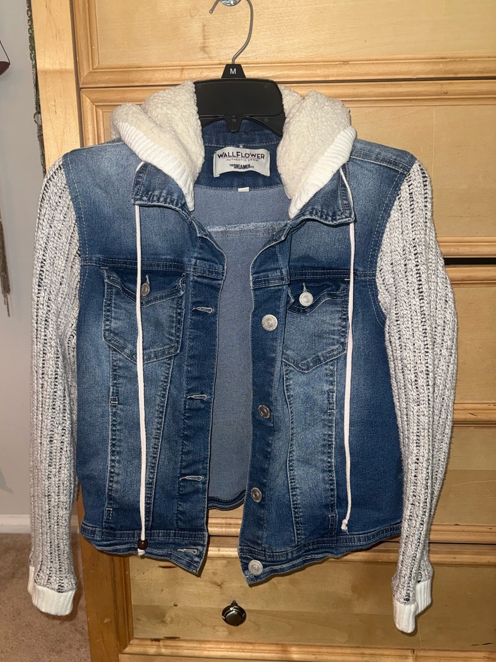Wallflower Blue Denim Jacket with Cream Sherpa Hood & Knit Sleeves